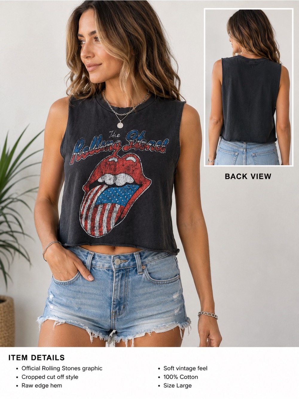 The Rolling Stones Cropped Cut Off Tank Top Black American Flag Graphic Size L